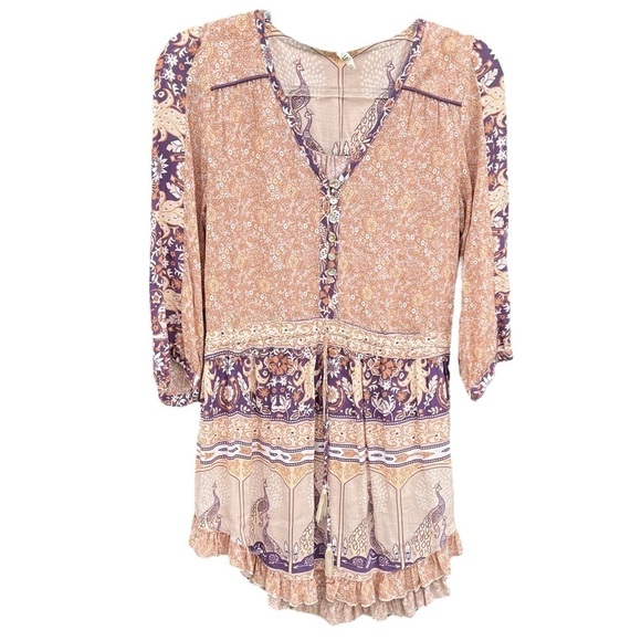 Spell Xanadu Mini Play Dress Gold Dust XS Peacocks Boho Ruffle GUC - Picture 6 of 16